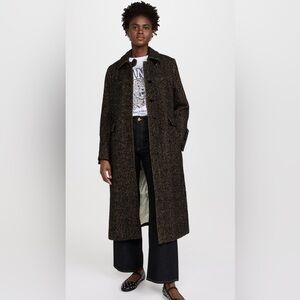 Ganni Women's Brown Herringbone Wool Polyester Blends Overcoat - Size EU 38/US 6